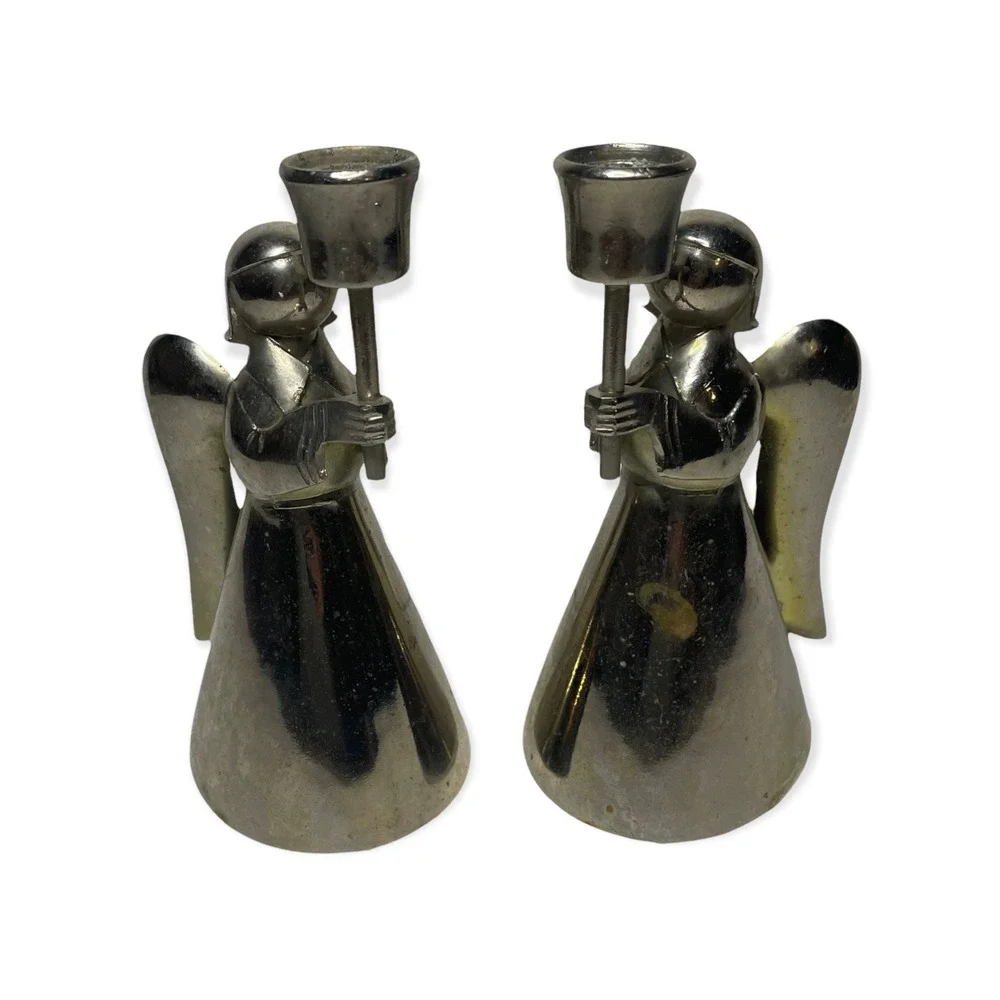 Pair of VTG Heavy Silver Colored Angel Candle Holders Christmas Decor‎ 7.5
